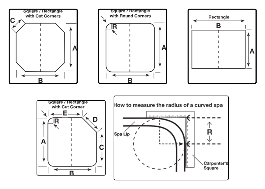 Measurement diagrams for square, cut-corner and rounded spa covers, and how to measure the radius of a curved spa