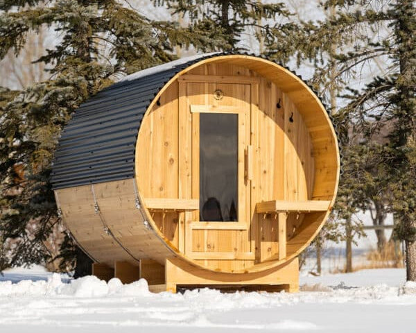 4 Person Cedar Barrel Sauna with Porch – 8 Feet Long