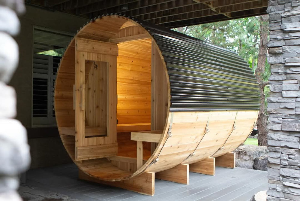 6 Person Cedar Barrel Sauna with Porch – 10 Feet Long