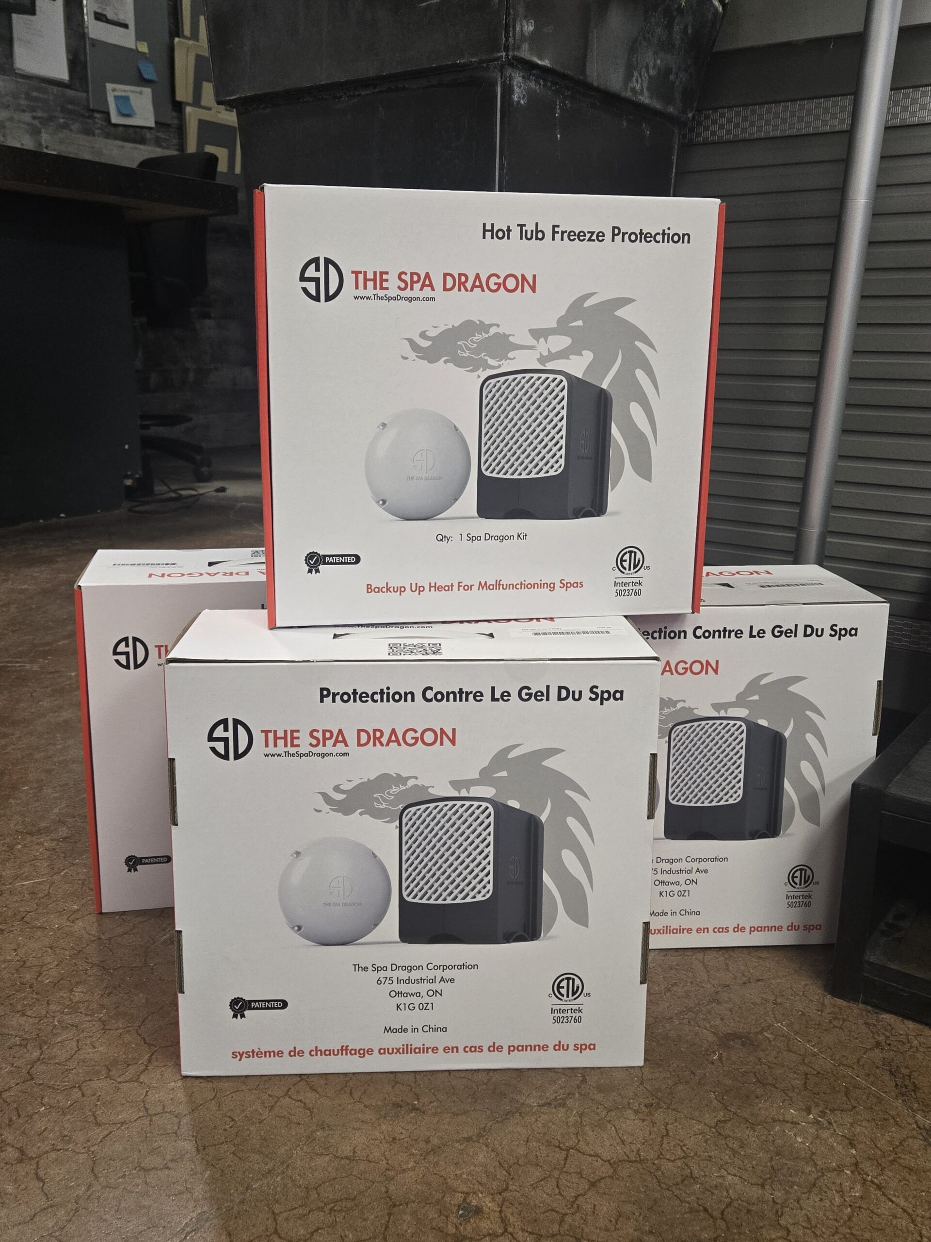 The Spa Dragon in front of a hot tub at RnR Hot Tubs and Spas