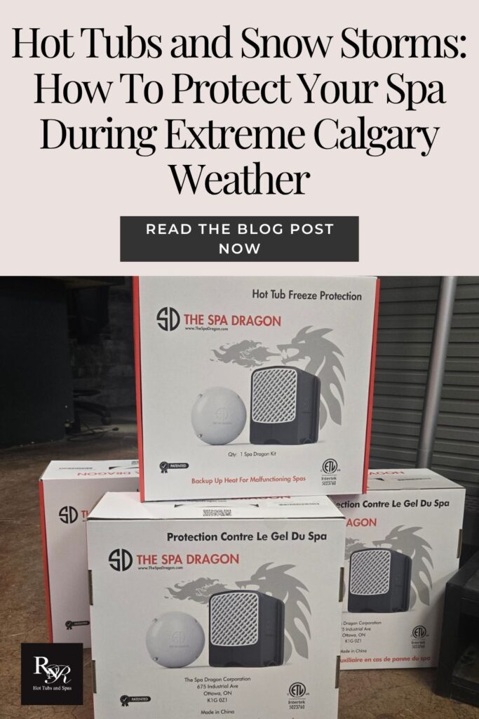 Hot tub freeze protection. A photo of 4 Spa Dragons in the boxes next to a hot tub at RnR Hot Tubs and Spas