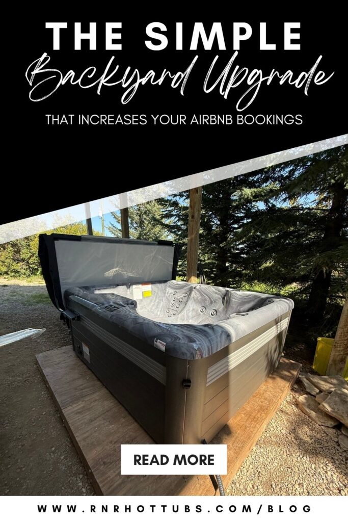 The simple backyard upgrade that increases your airbnb bookings. A hot tub in the backyard surrounded by trees. RnR Hot Tubs and Spas